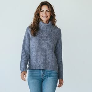 Talbots Sweater Womens Small Petite Blue Cowl Neck Cable Knit Side Buttons Boho